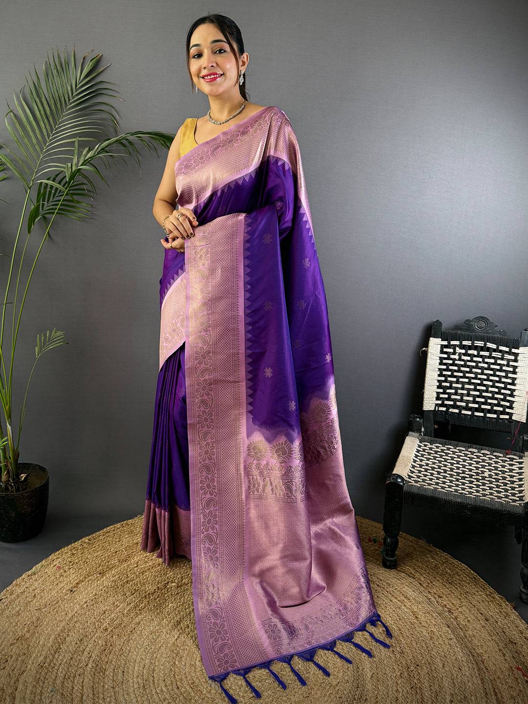 Purple Kolam Butti Gadwal Pattu Saree With Maggam Blouse