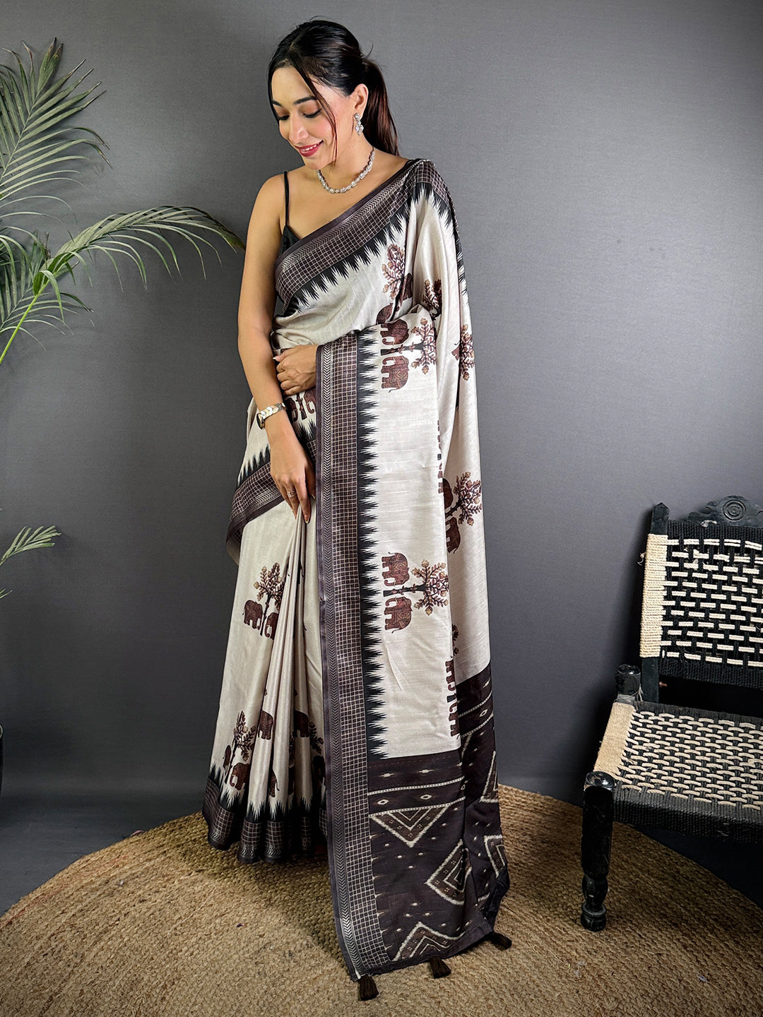 Block Printed Coffee Brown Ghicha Silk Saree