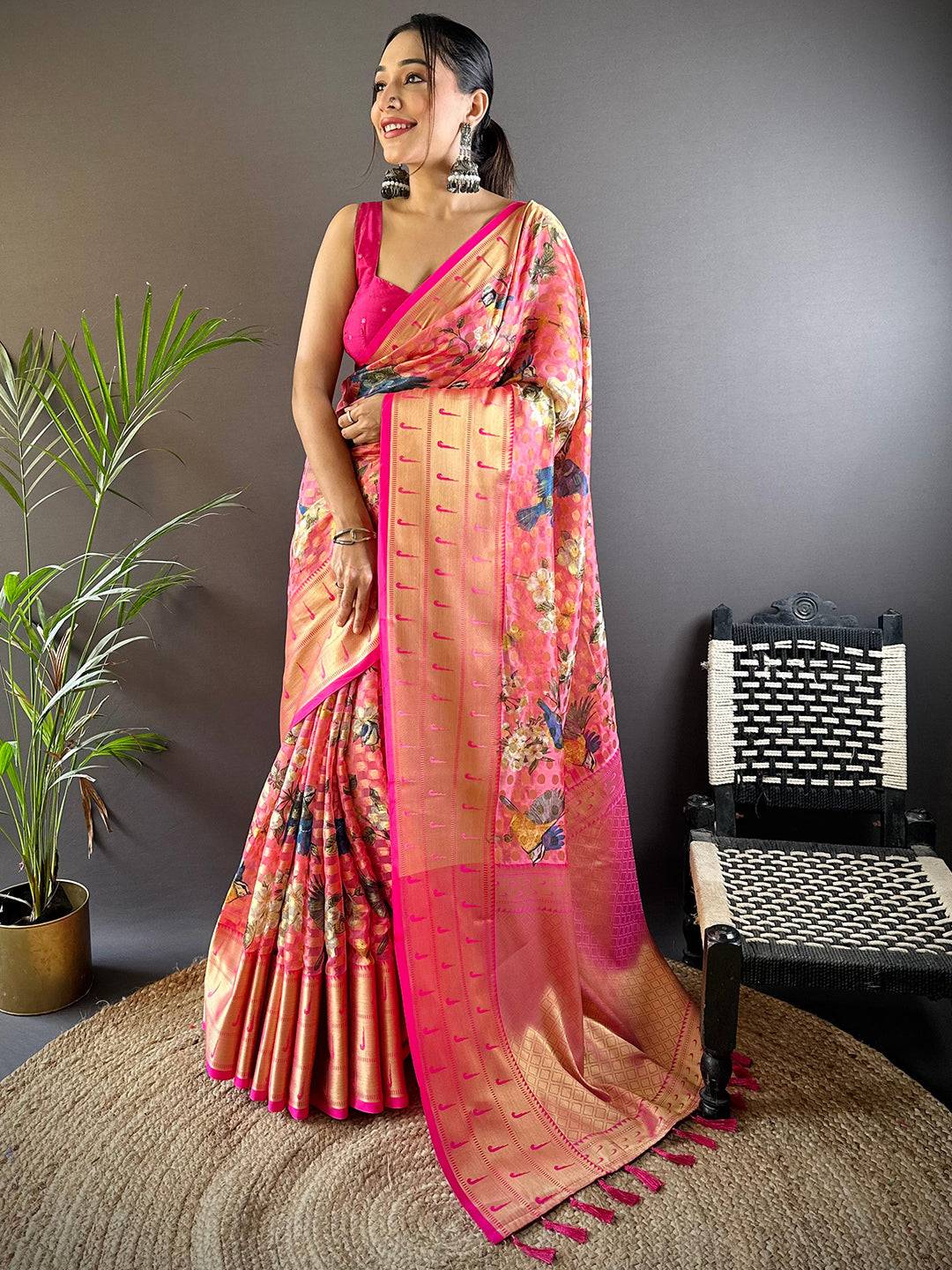 Pink Floral Paithani Kora Silk Saree