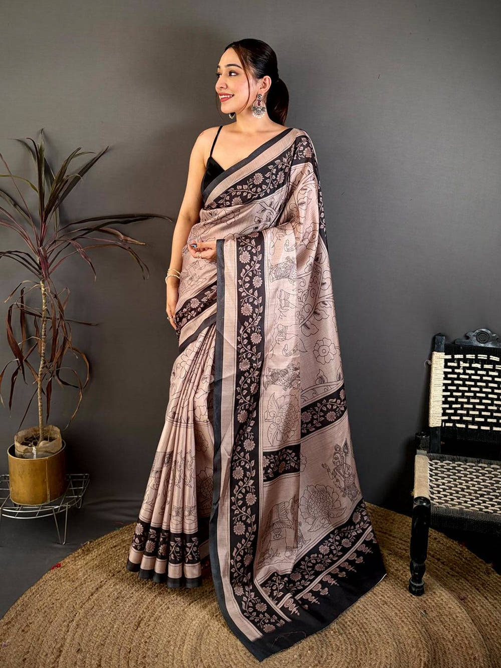 Rust Pen Kalamkari Print Soft Tussar Saree
