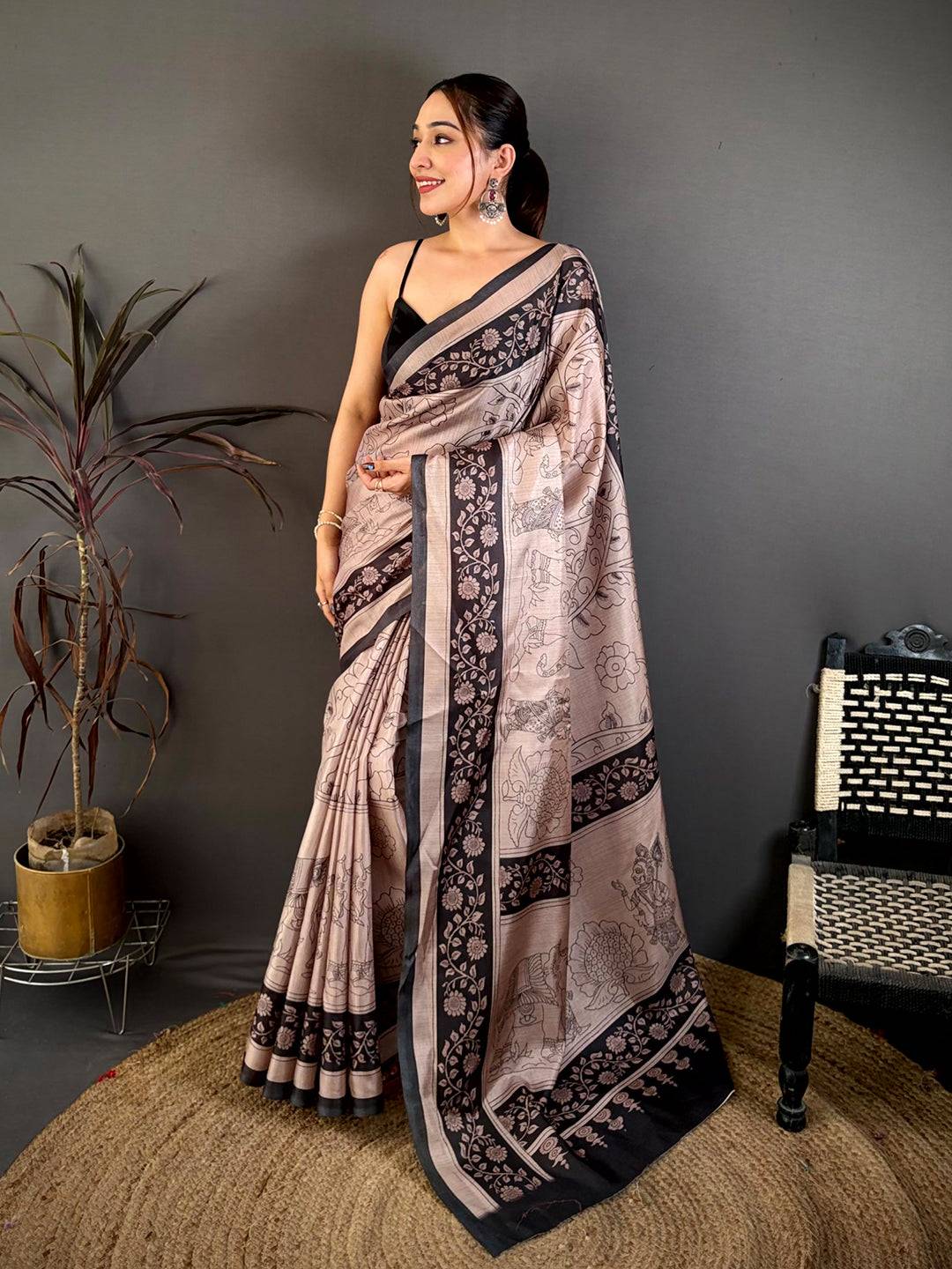 Rust Pen Kalamkari Print Soft Tussar Saree