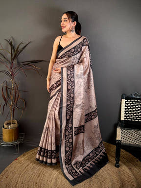 Rust Pen Kalamkari Print Soft Tussar Saree