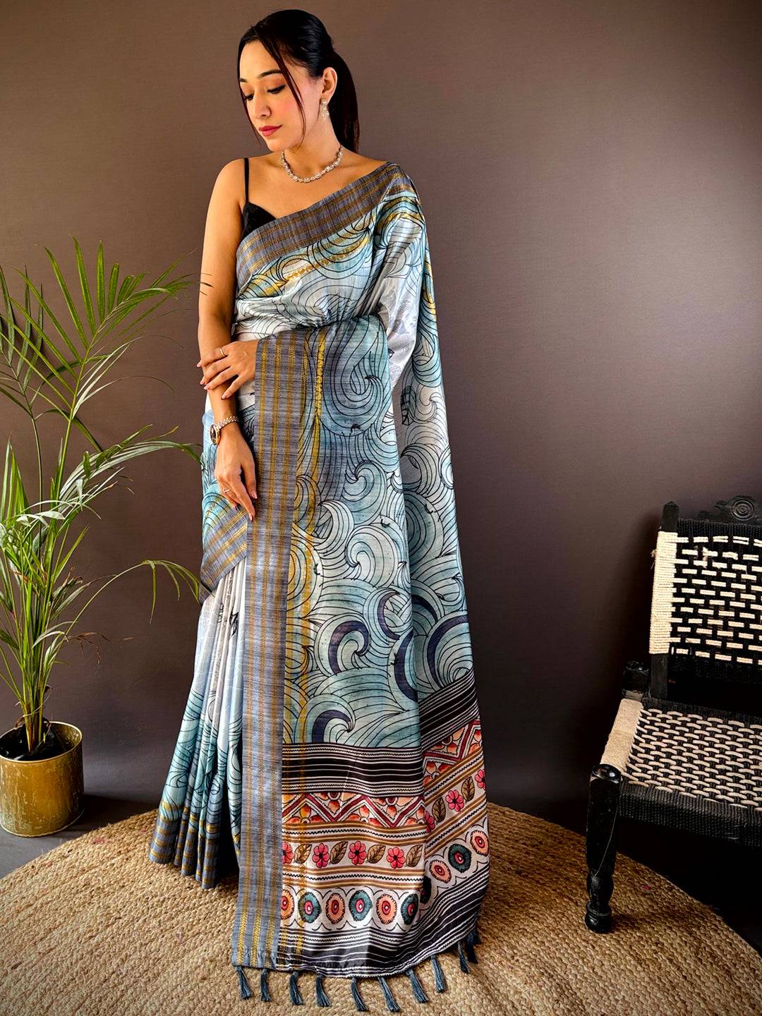 Blue Soft Silk Ocean Wave Patterns Saree