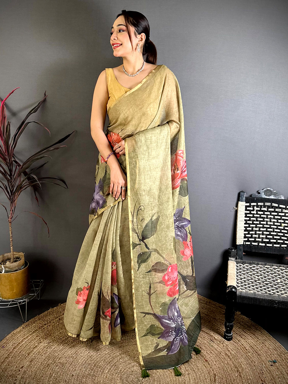 Regal Kalamkari Linen Chanderi Saree