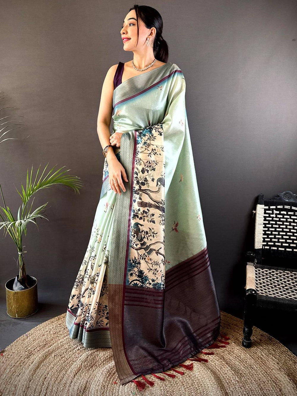 Mint Green Digital Kalamkari Printed Tussar Silk Saree