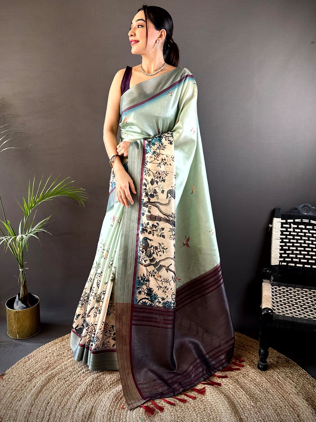 Mint Green Digital Kalamkari Printed Tussar Silk Saree