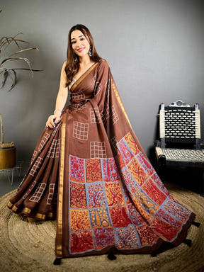 Brown Mul Cotton Kalamkari Print Pallu Saree