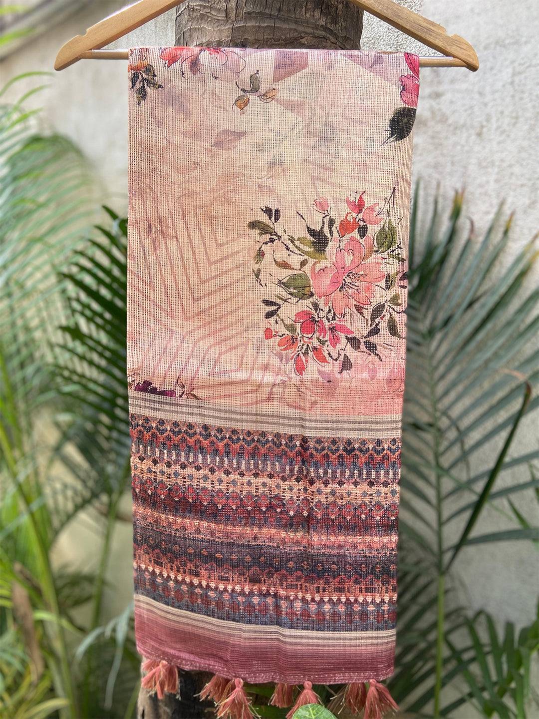 Cream Colour Soft Kota Doriya Silk Saree With Flower Print