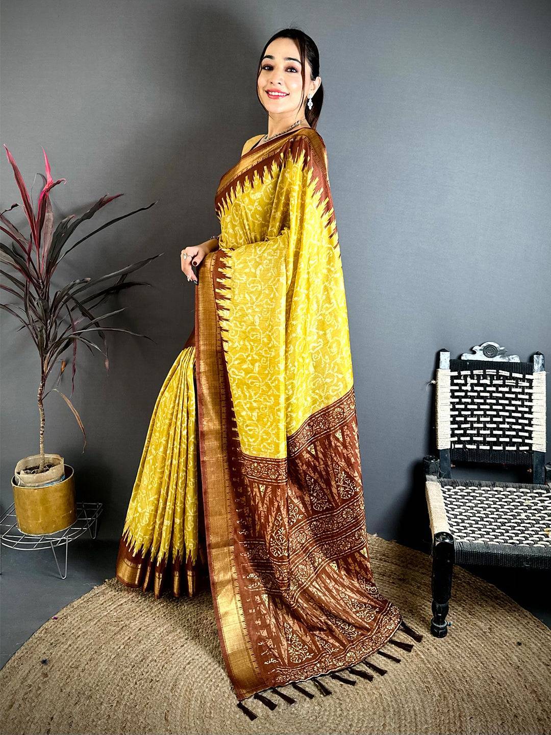 Yellow Pearl Ikkat Dola Silk Saree