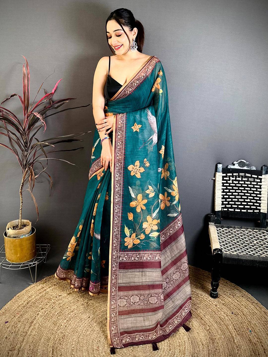 Radiant Linen Floral Kalamkari Saree