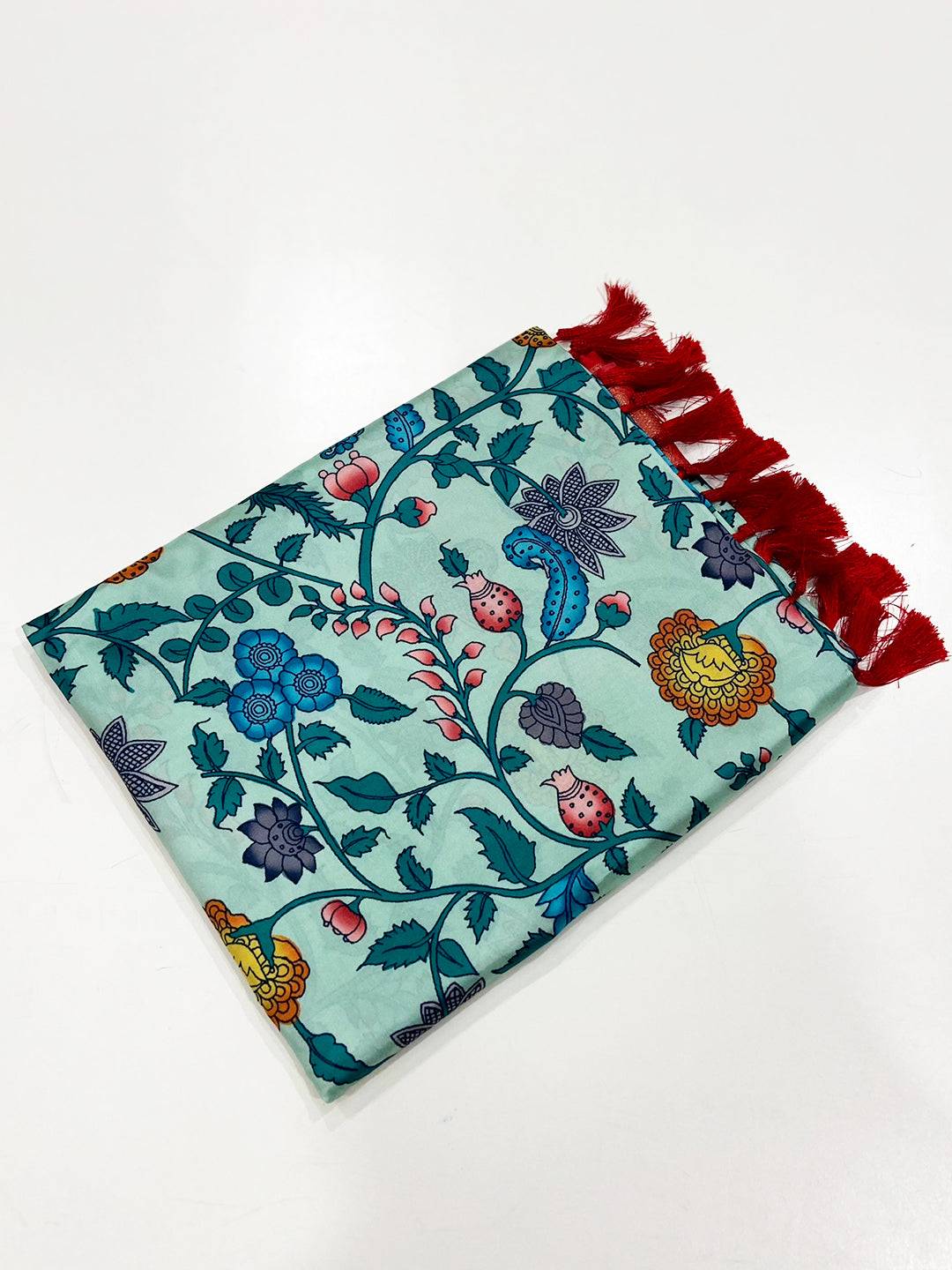 Turquiose Floral Printed Banarasi Saree