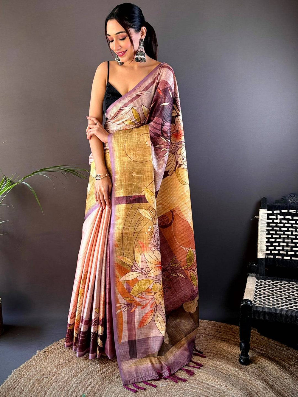 Elegant Wine Semi Zari Tussar Saree with floral design