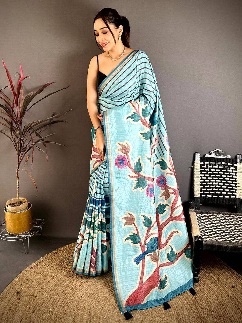 Sky Blue Tussar Ghicha Floral Bird Saree
