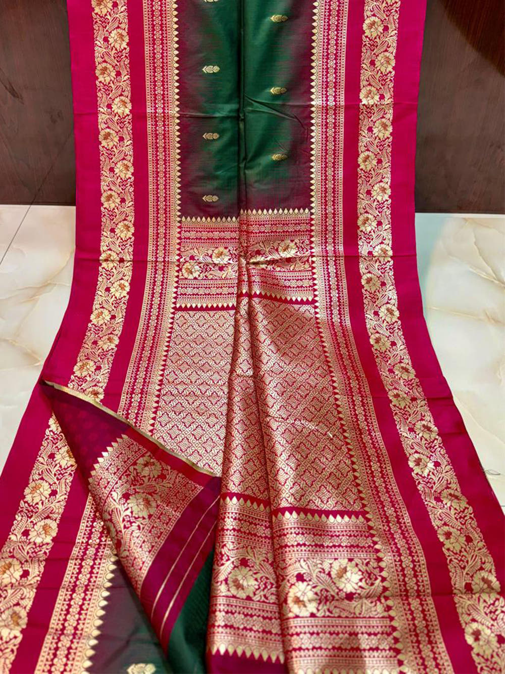 Gold Zari Woven Bottle Green Soft Silk Saree

