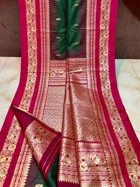 Gold Zari Woven Bottle Green Soft Silk Saree

