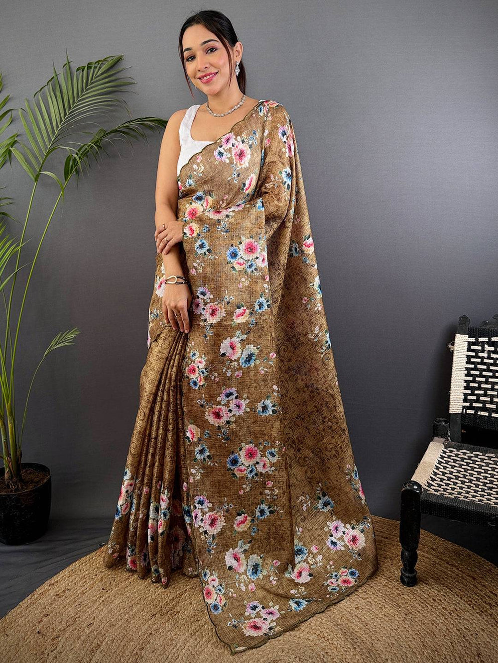 Brown Floral Cut Work Kota Saree