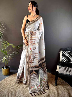 Grey Tussar Floral Leaf Print Saree