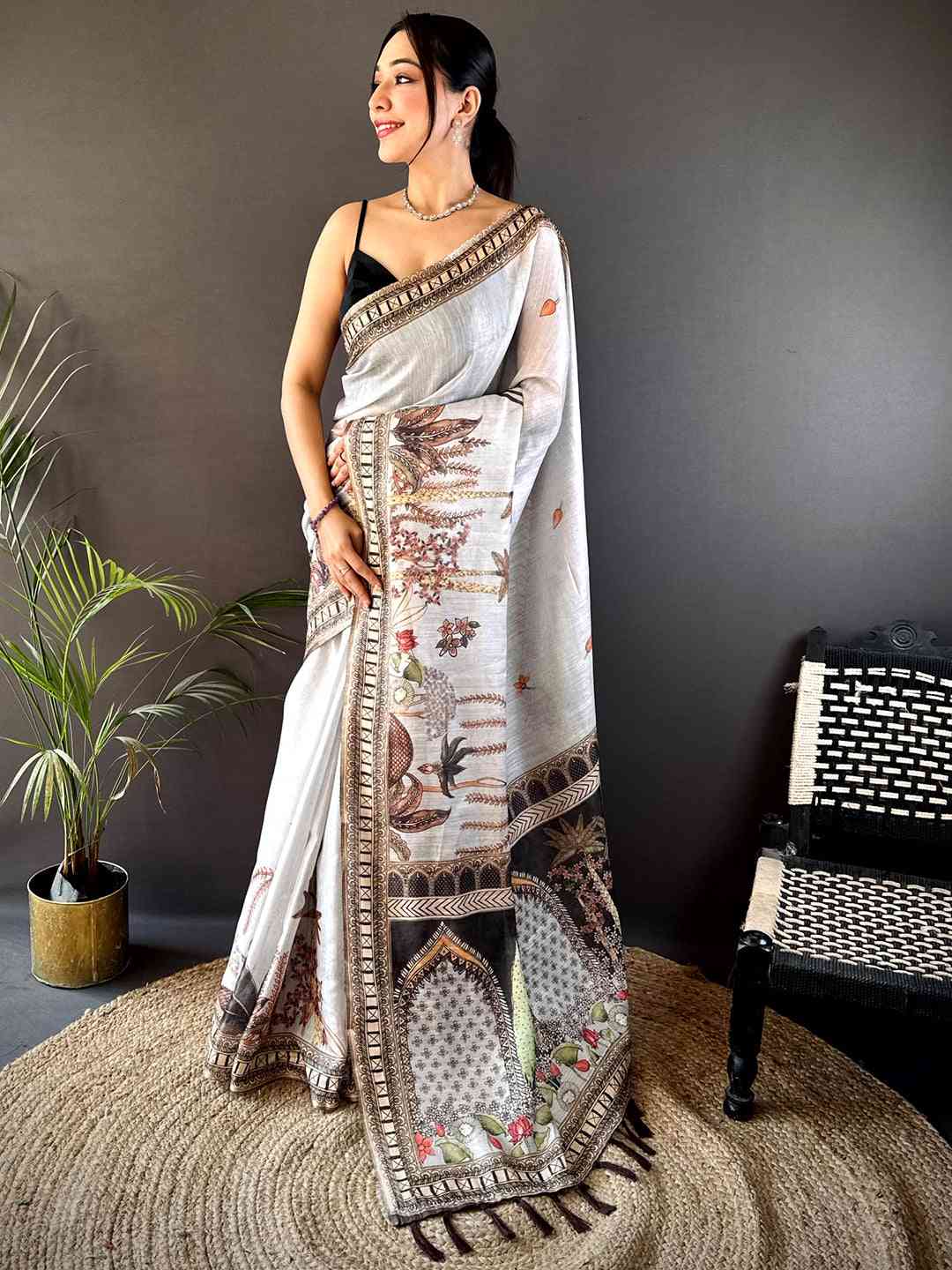 Grey Tussar Floral Leaf Print Saree
