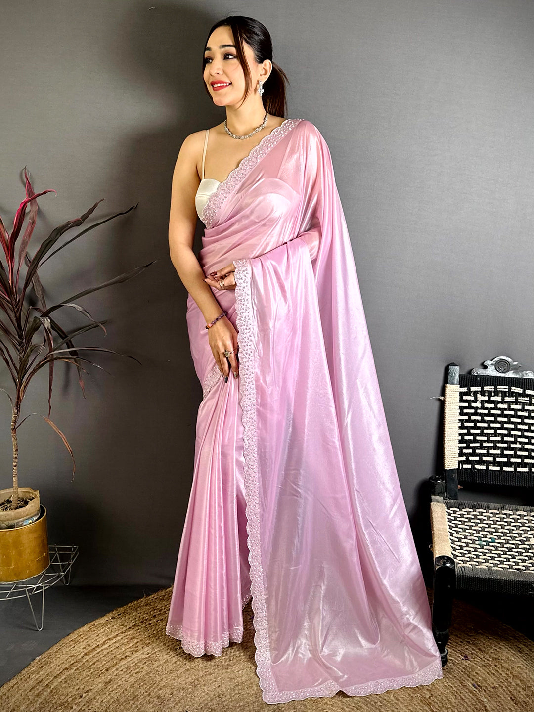 Radiant Silver Glass Swarovski Silk Saree