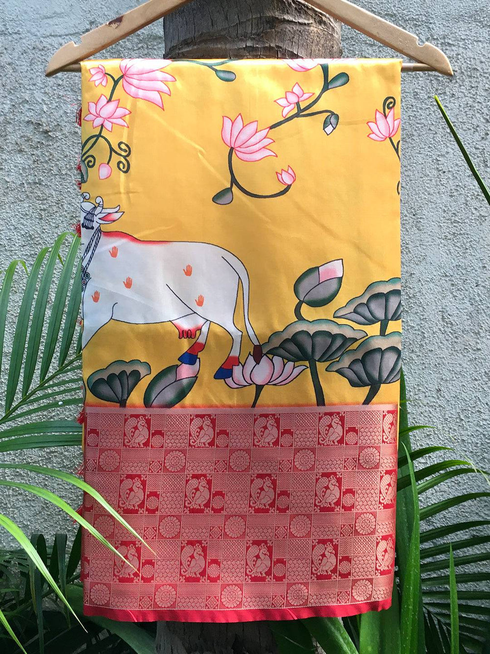 Silk Pichwai digital print yellow saree with floral and cow design