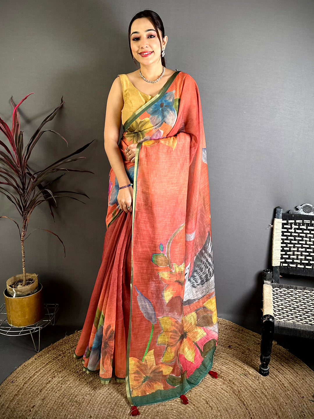 Vibrant Kalamkari Linen Chanderi Saree