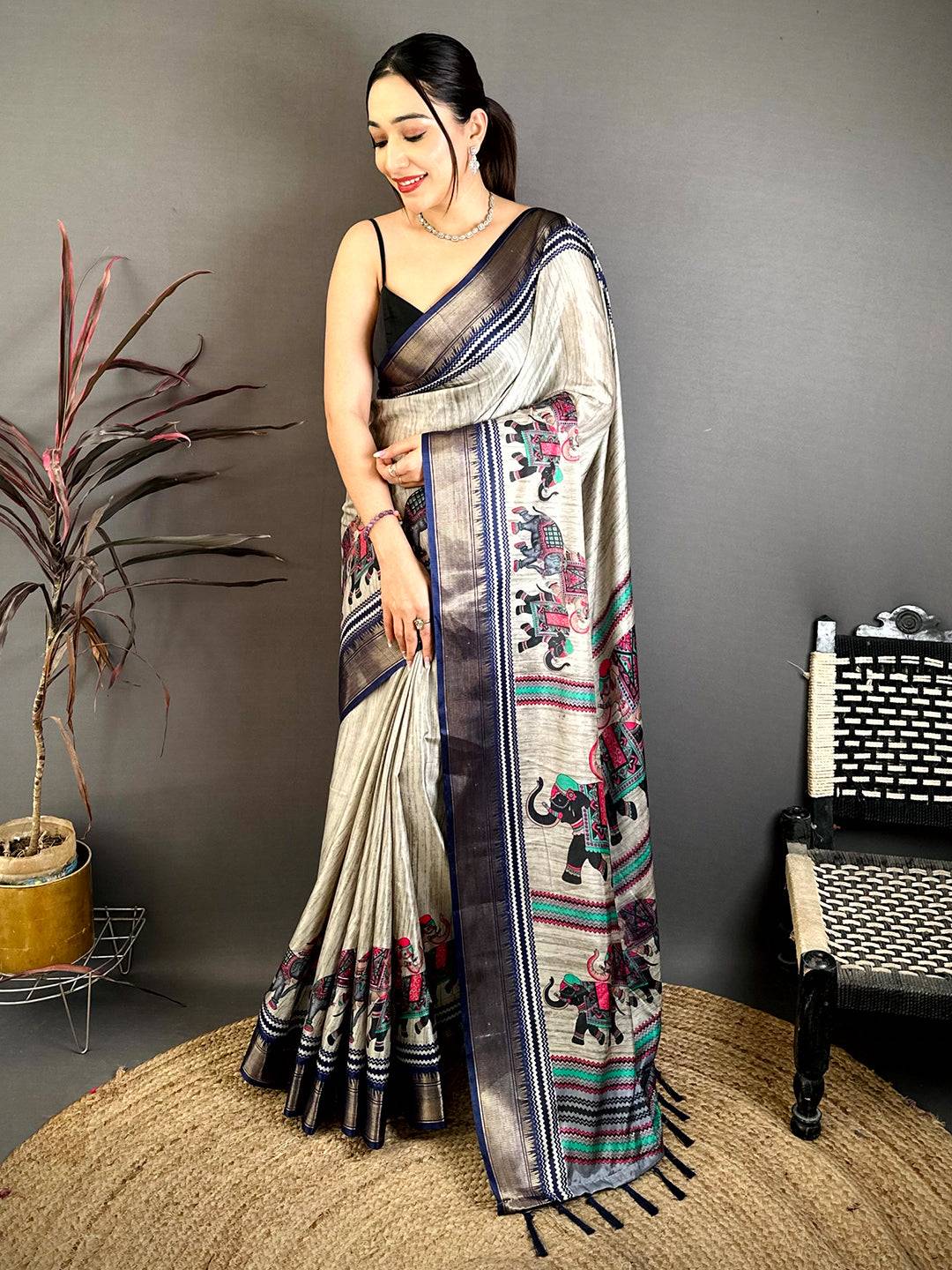 Stylish Block Print Dola Silk Saree