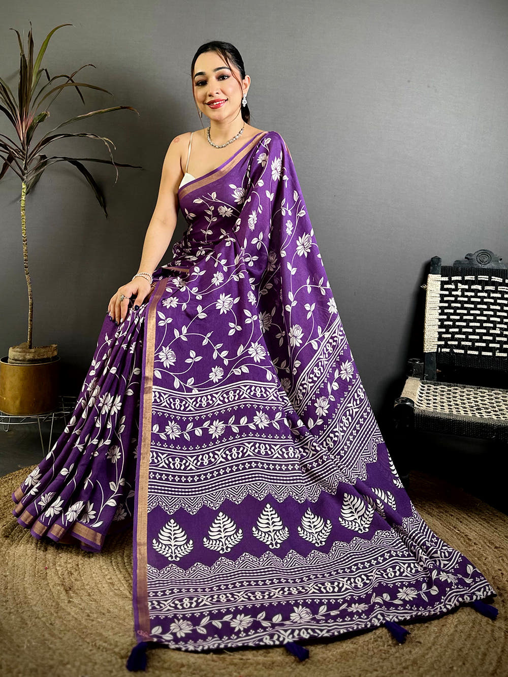Purple Leaf Printed Mul Cotton Saree