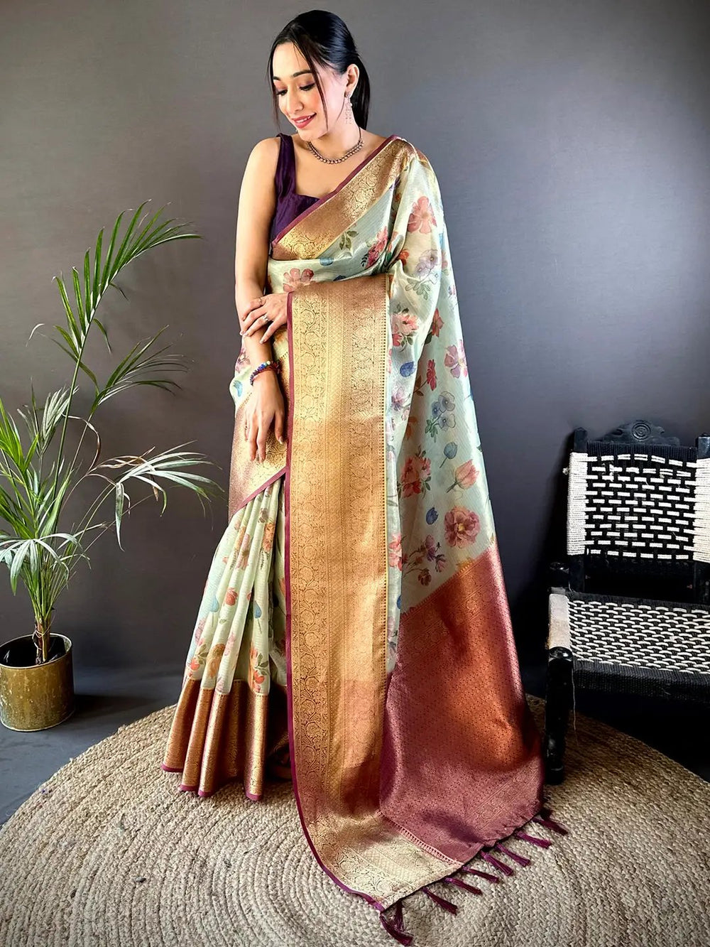 Jade Green Floral Gold Zari Tissue Saree