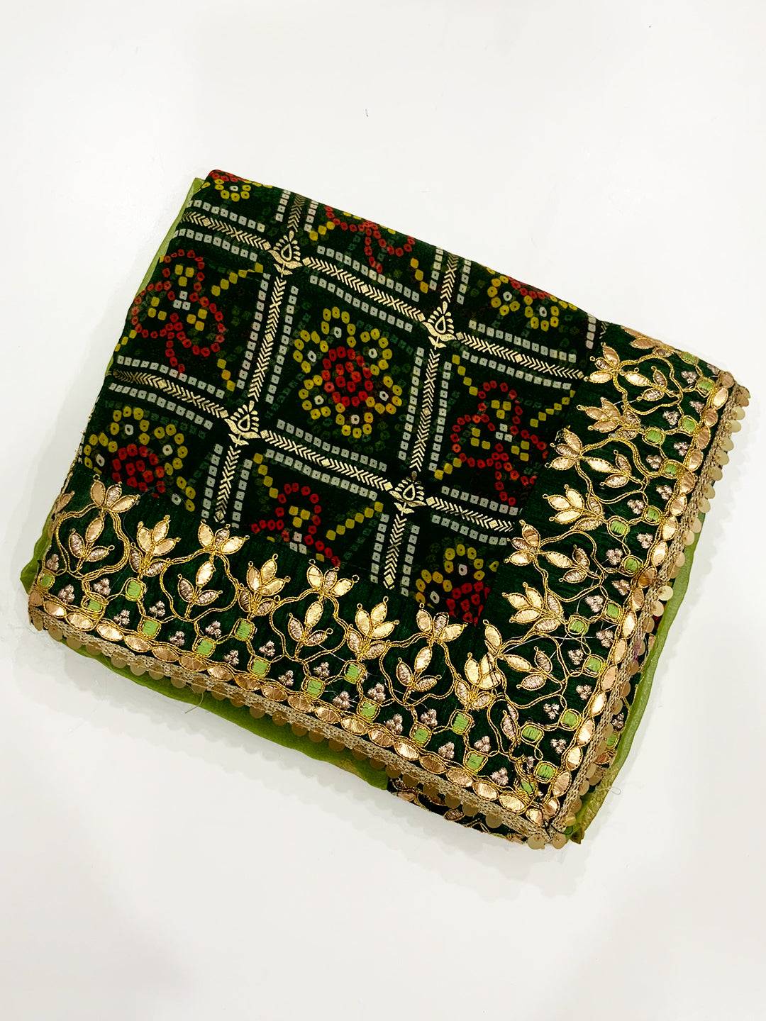 Vibrant Bandhej Foil Work Saree