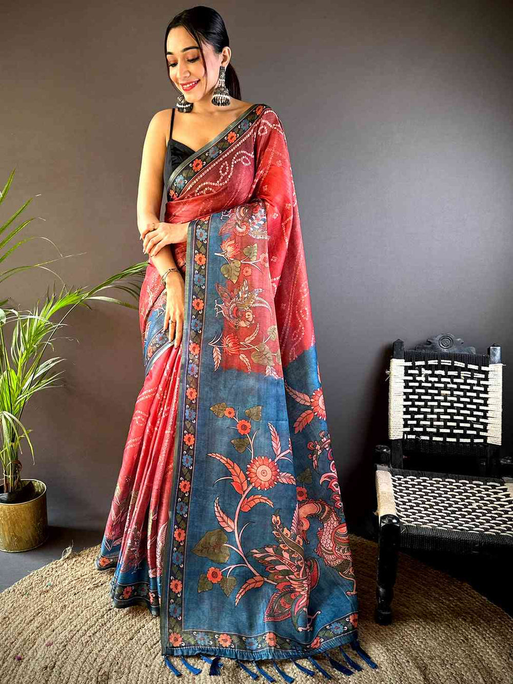 Red Tissue Bandhej Kalamkari Saree