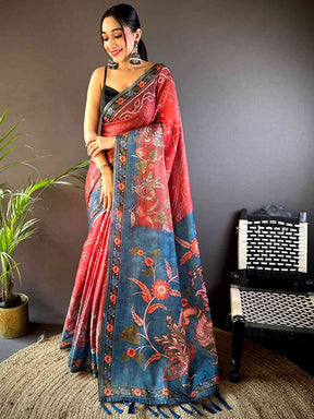 Red Tissue Bandhej Kalamkari Saree