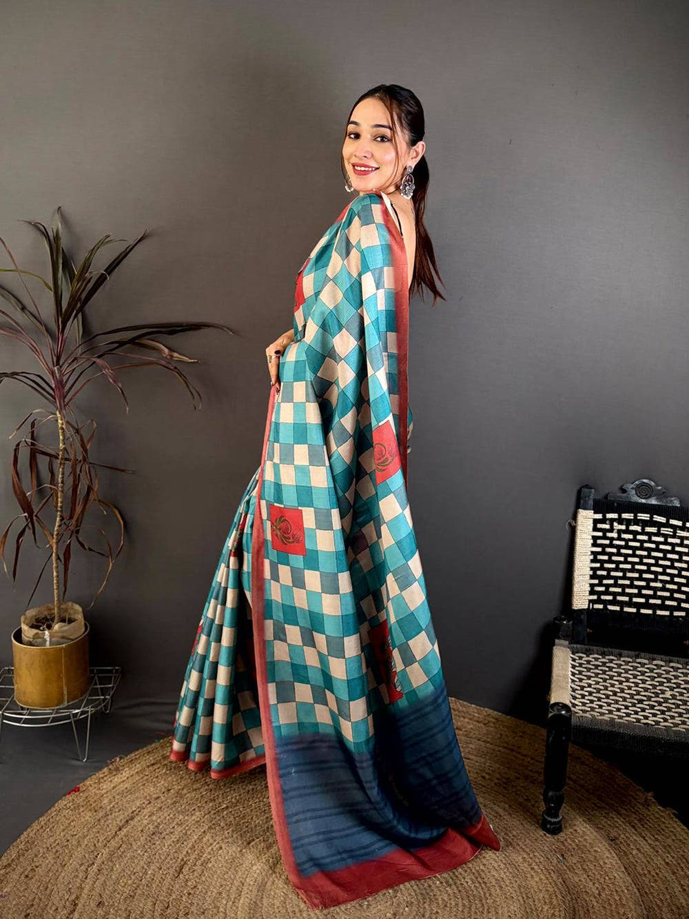 Multicolour Block Print Soft Tussar Saree