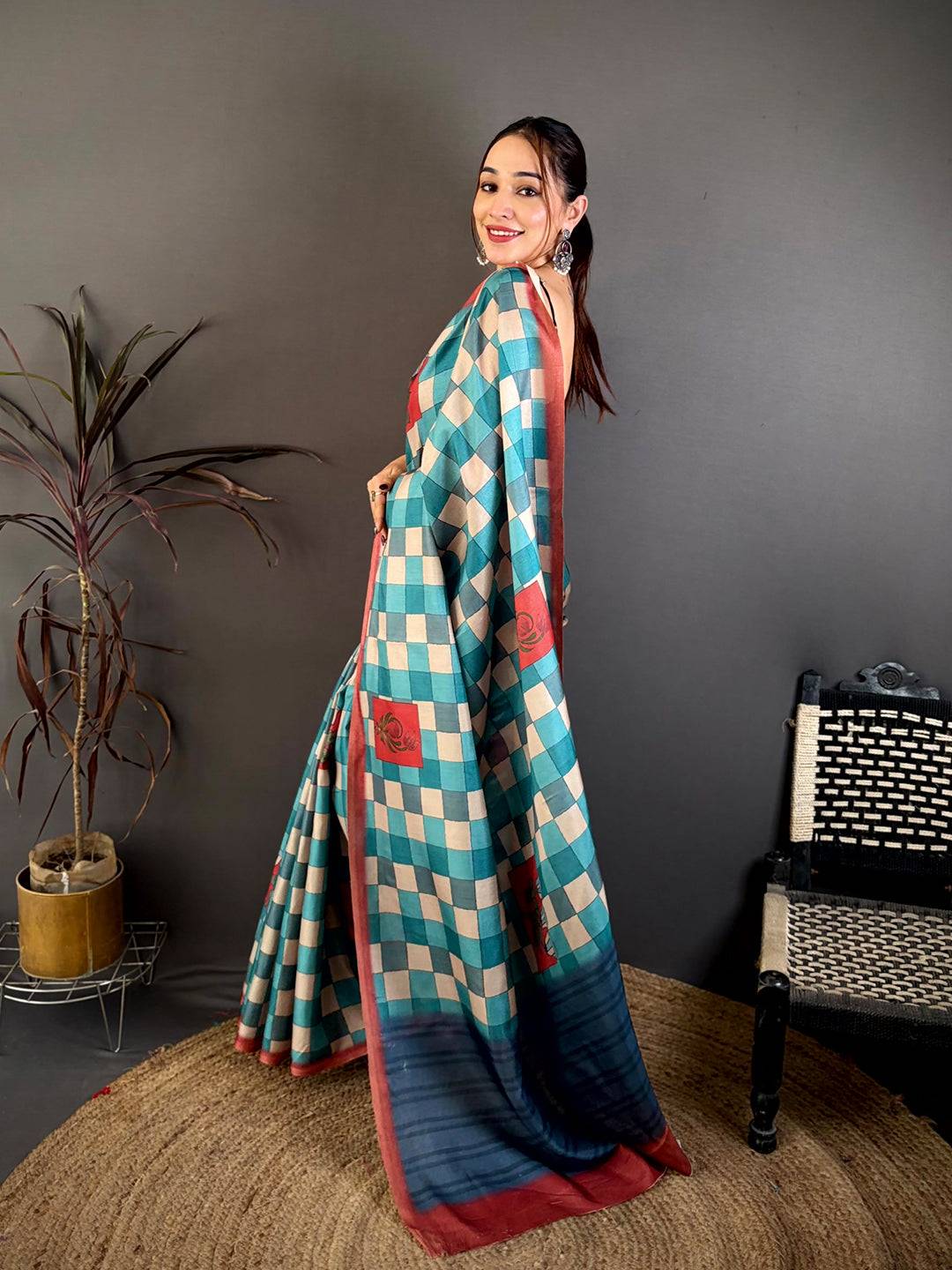 Multicolour Block Print Soft Tussar Saree