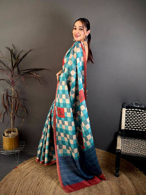 Multicolour Block Print Soft Tussar Saree