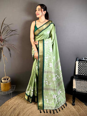 Pista Soft Dola Block Kalamkari Zari Saree