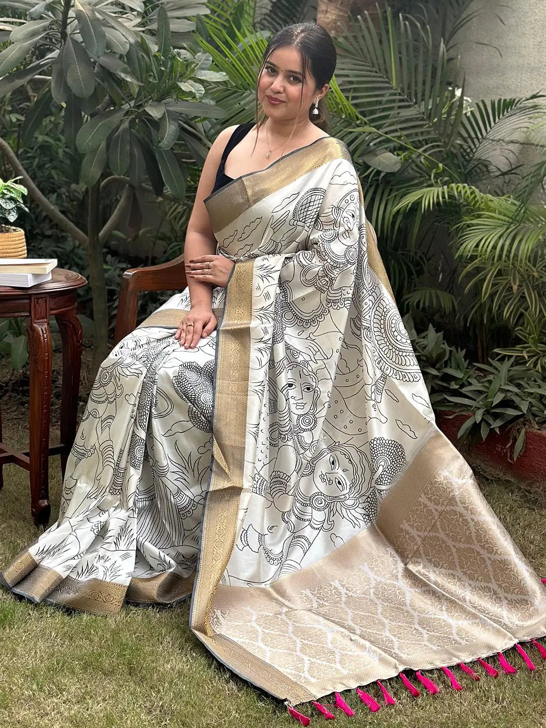 Elegant Kalamkari saree with intricate block print design