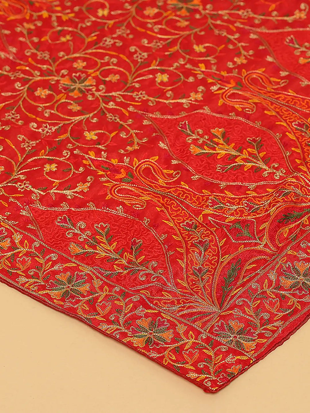 Close-up of Red Poly Chiffon Pashmina Dupatta embroidery