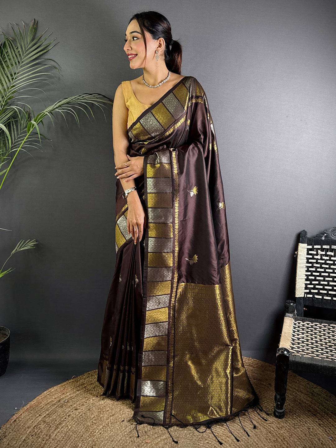 Brown Soft Silk Sona Chandi Butta Saree

