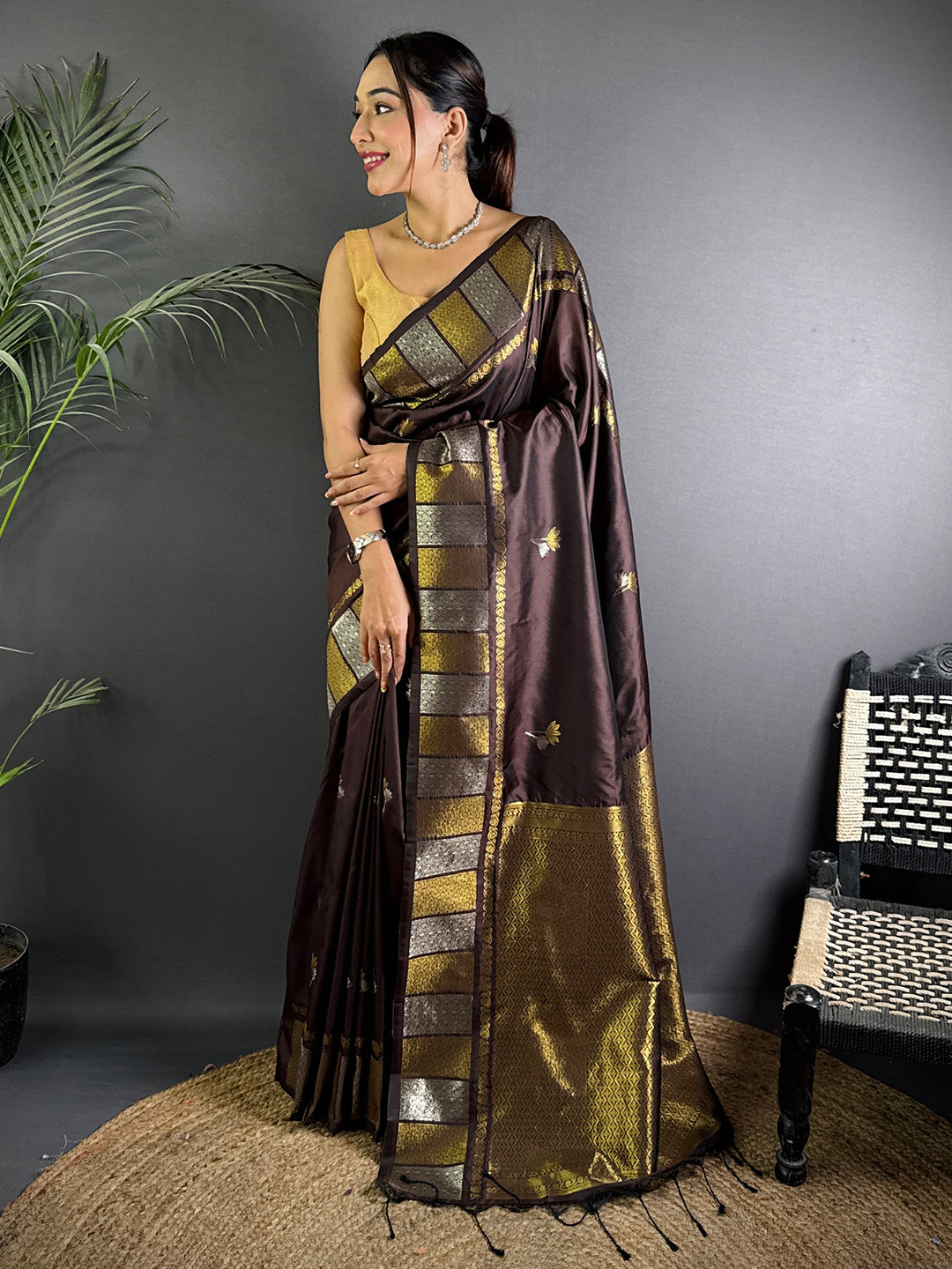 Brown Soft Silk Sona Chandi Butta Saree