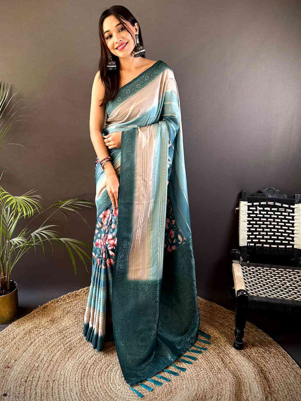 Teal Blue Crepe Silk Floral Saree