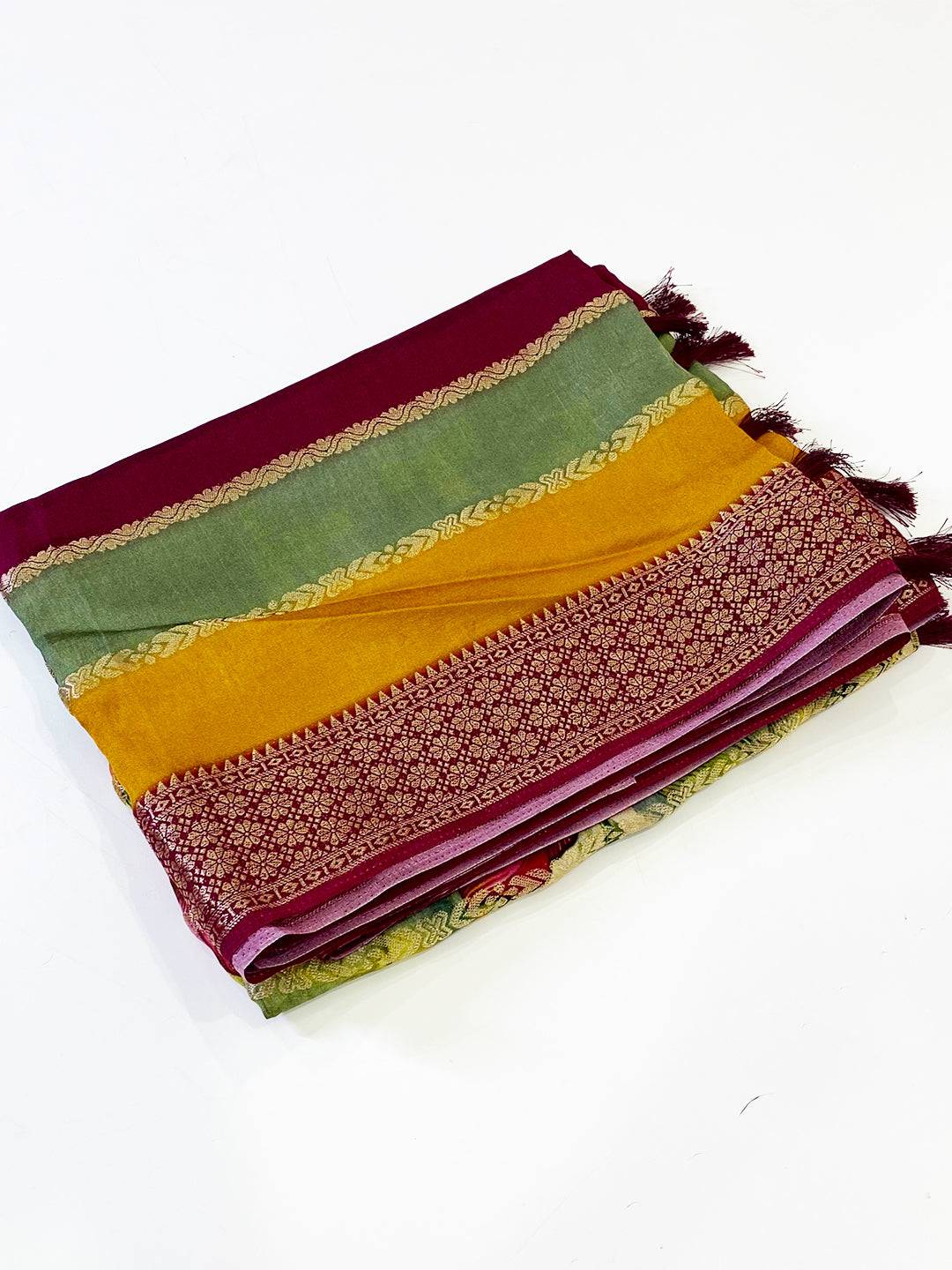 Elegant Soft Silk Floral Zari Stripe Saree