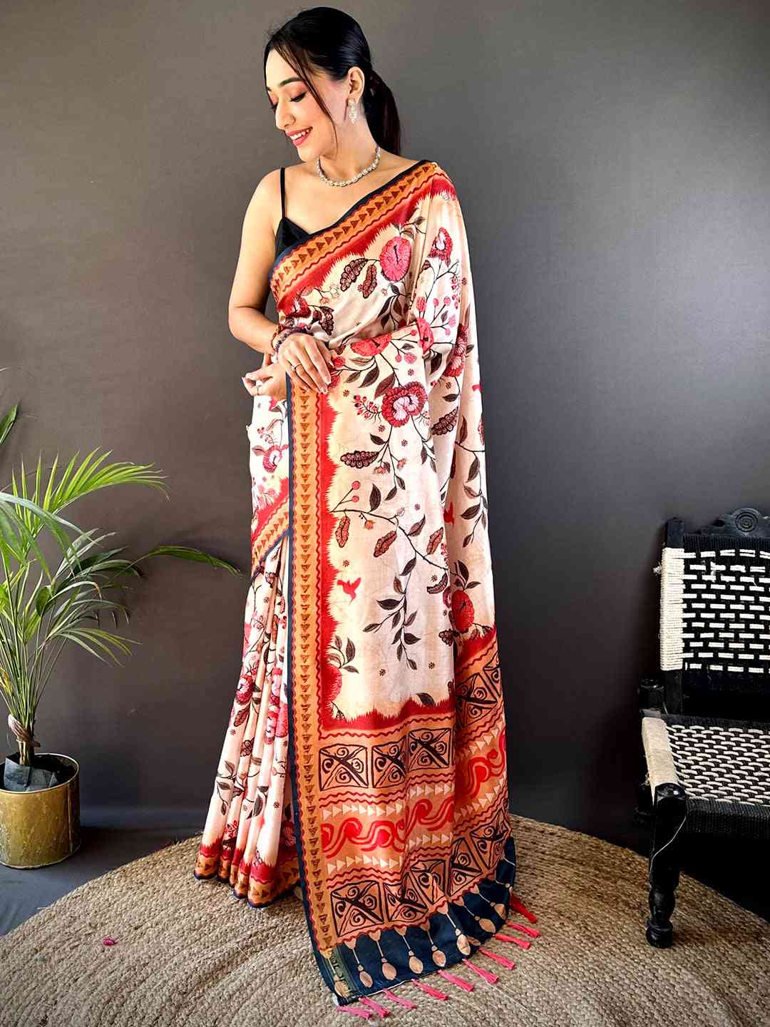 Toffee Peach Soft Silk Floral Saree