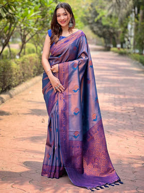 Navy Kanjivaram Tissue Saree With Gold Zari Weaving

