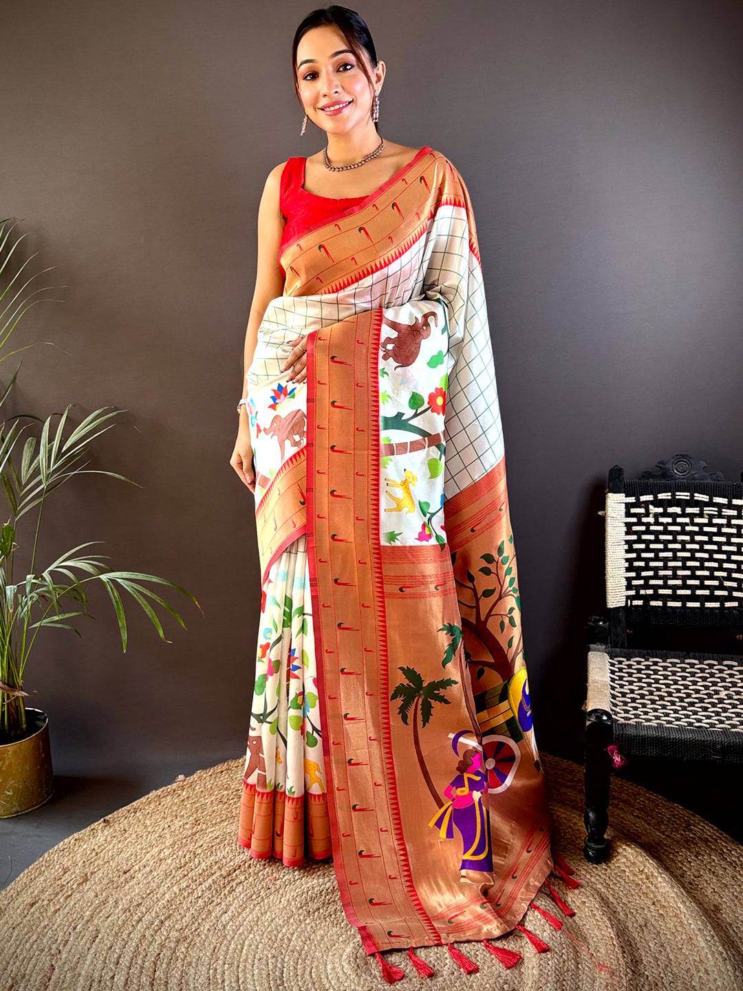White Minakari Soft Silk Check Print Saree