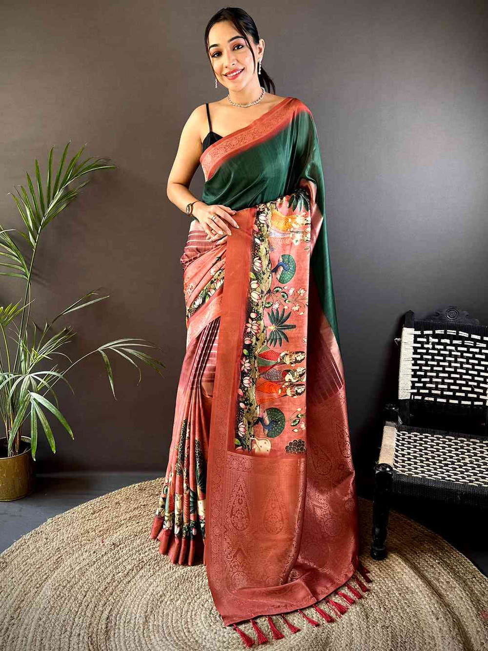 Green Soft Silk Placement Digital Print Saree