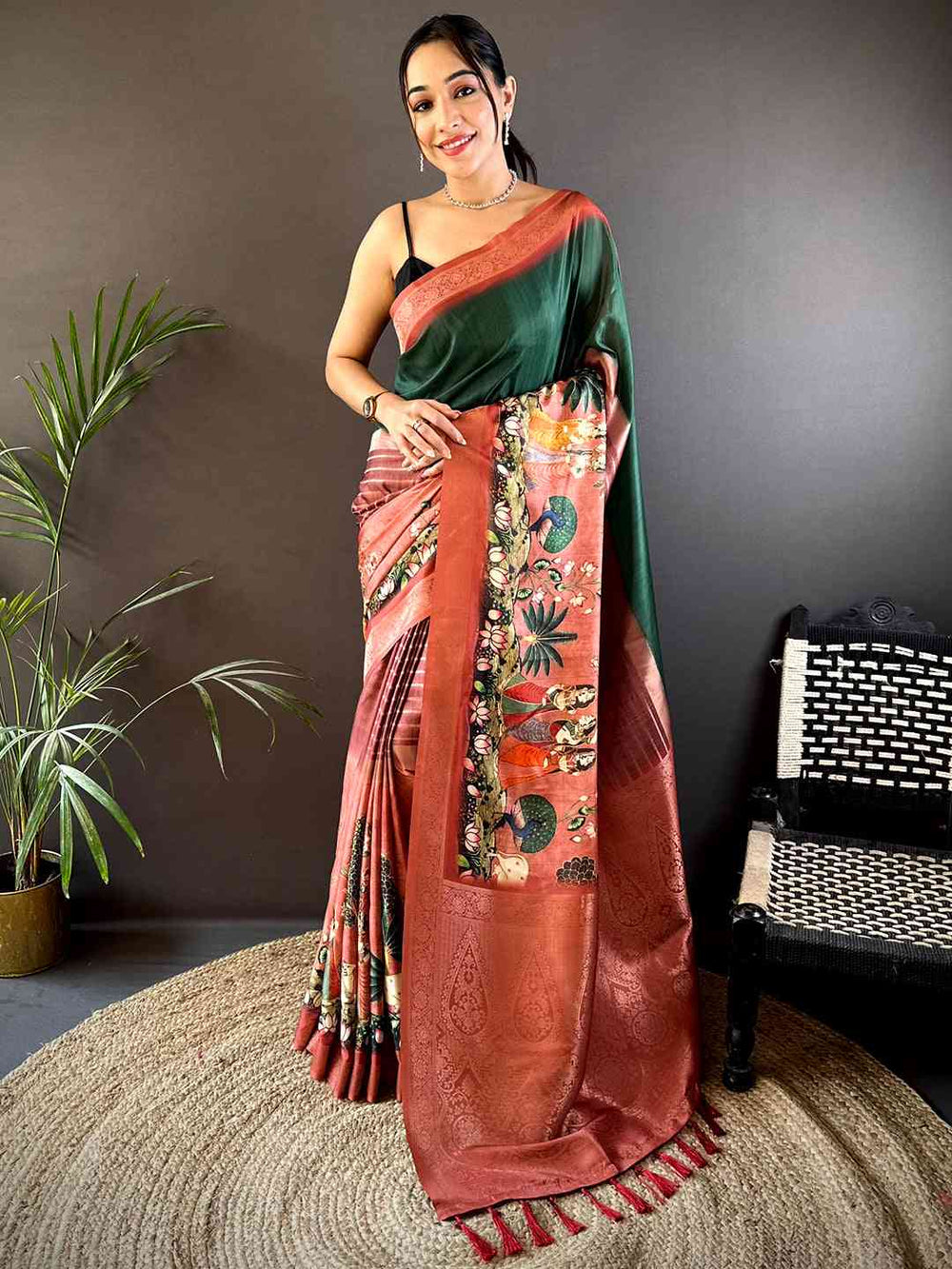 Green Soft Silk Placement Digital Print Saree