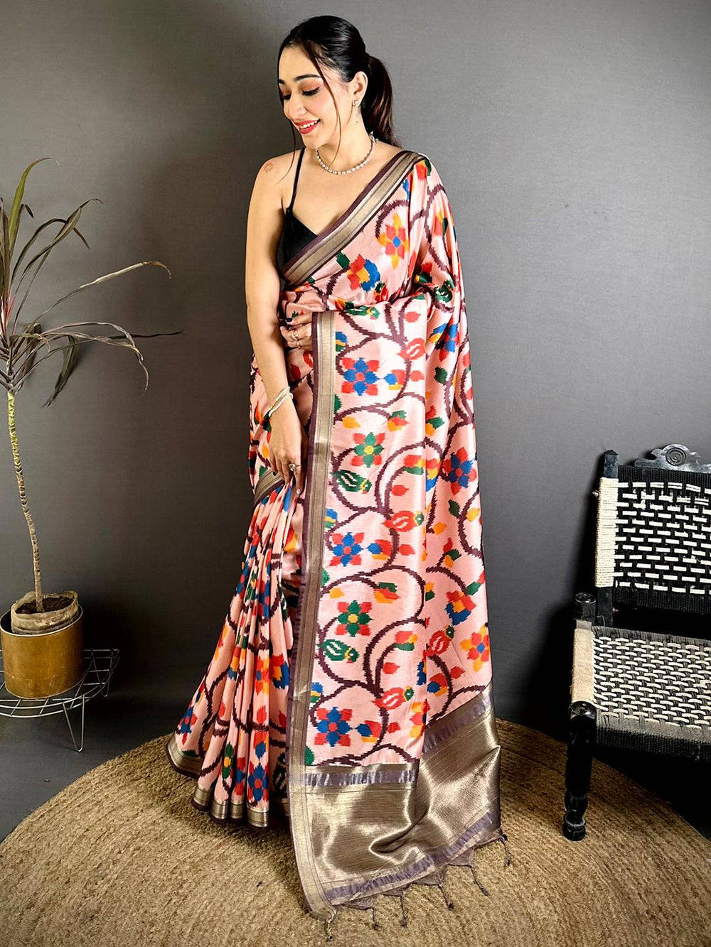 Traditional Gold Lakda Patta Kalamkari Saree