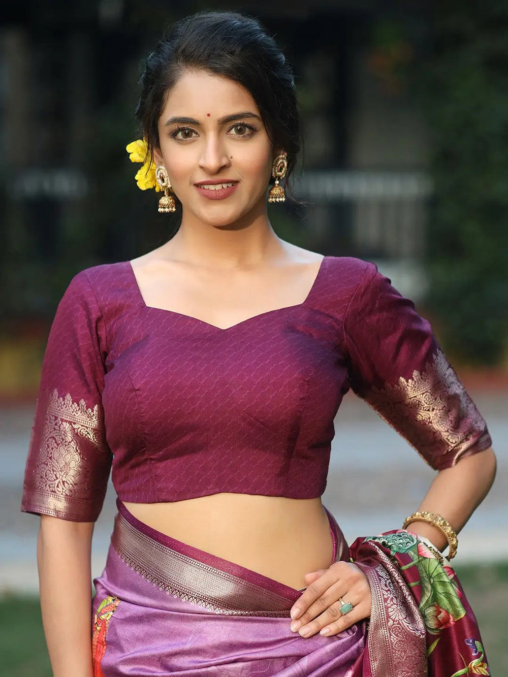 Purple Pure Viscose Dola Silk Floral & Kalamkari Print Saree