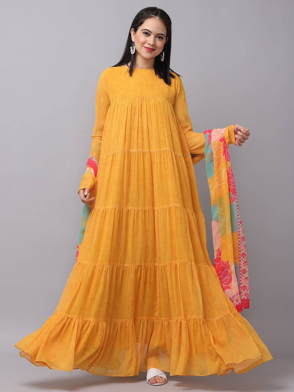 Sunlit Mustard Flared Long Dress front view