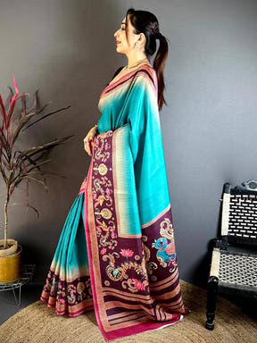 Teal Green Pen Kalamkari Saree